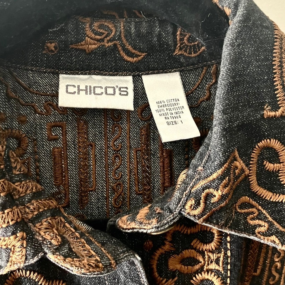 Chico's Embroidered Denim Jacket Black and Brown Boho Western Size 1 medium - Picture 6 of 6